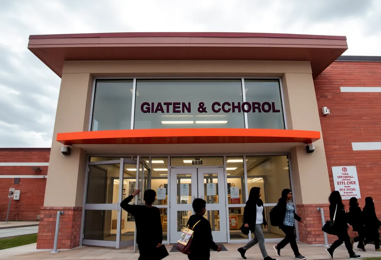 Modern school entrance with secure vestibule and stormy sky representing safety and weather preparedness