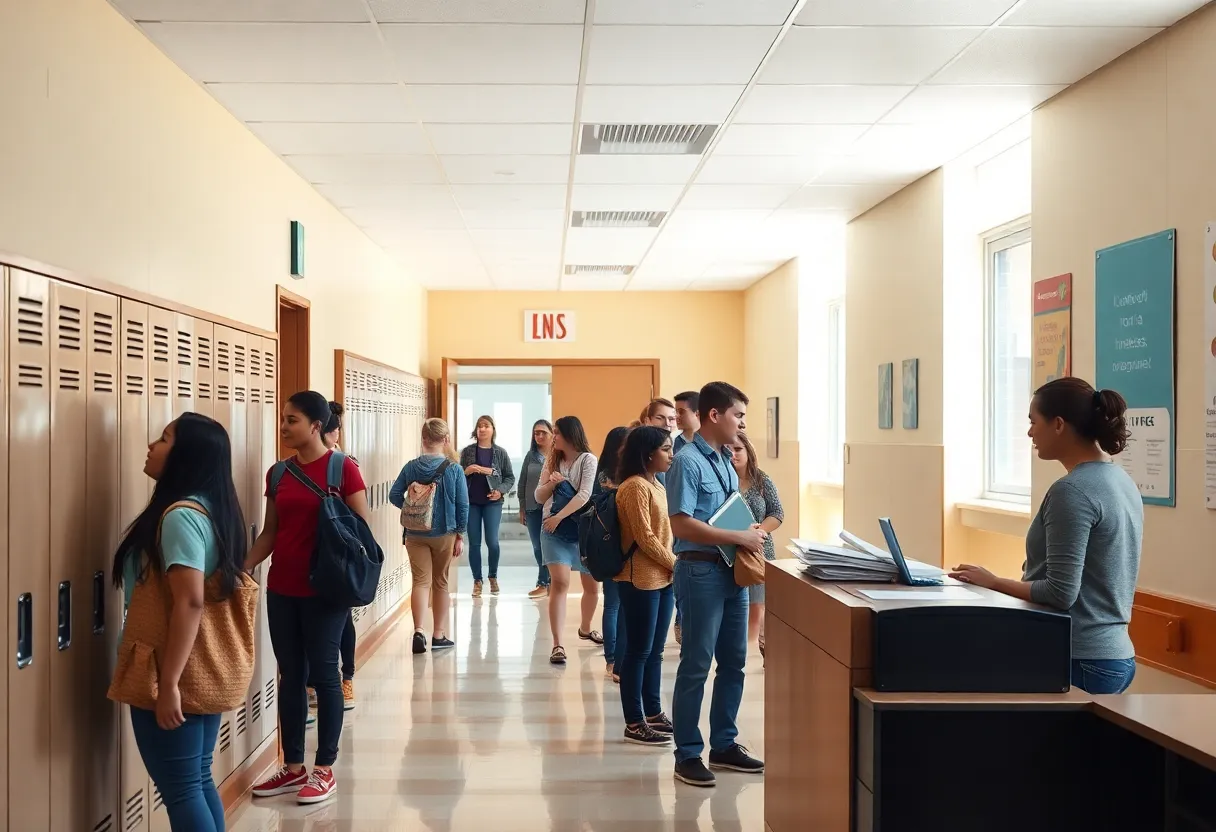 Students and staff in a school hallway near a counseling office with device drop box and wellness posters, representing new school policies.