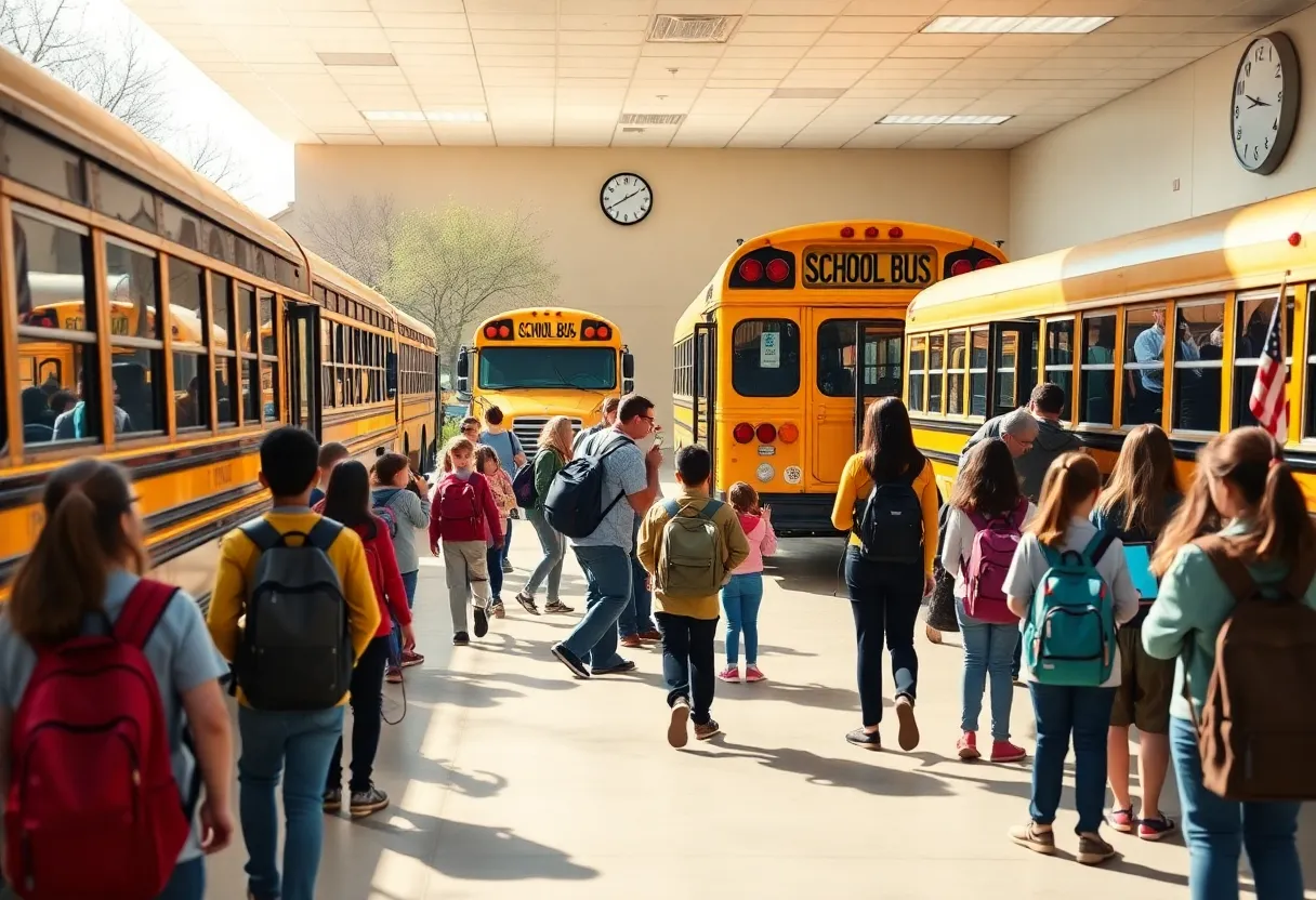 School buses arriving and teachers using tablets with volunteers at a suburban school in the morning