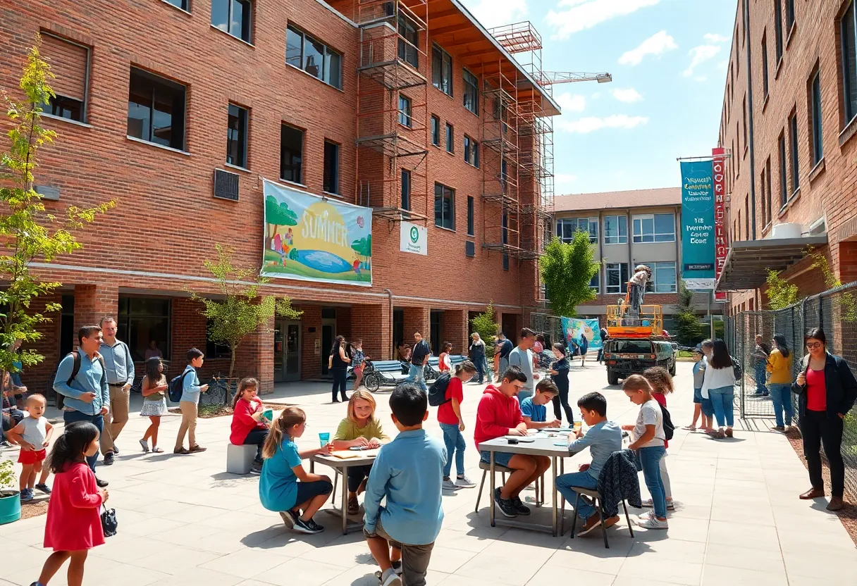 Students and teachers at a school courtyard with summer learning activities and construction in the background