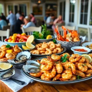 Assorted seafood dishes on a rustic table at an Aiken restaurant