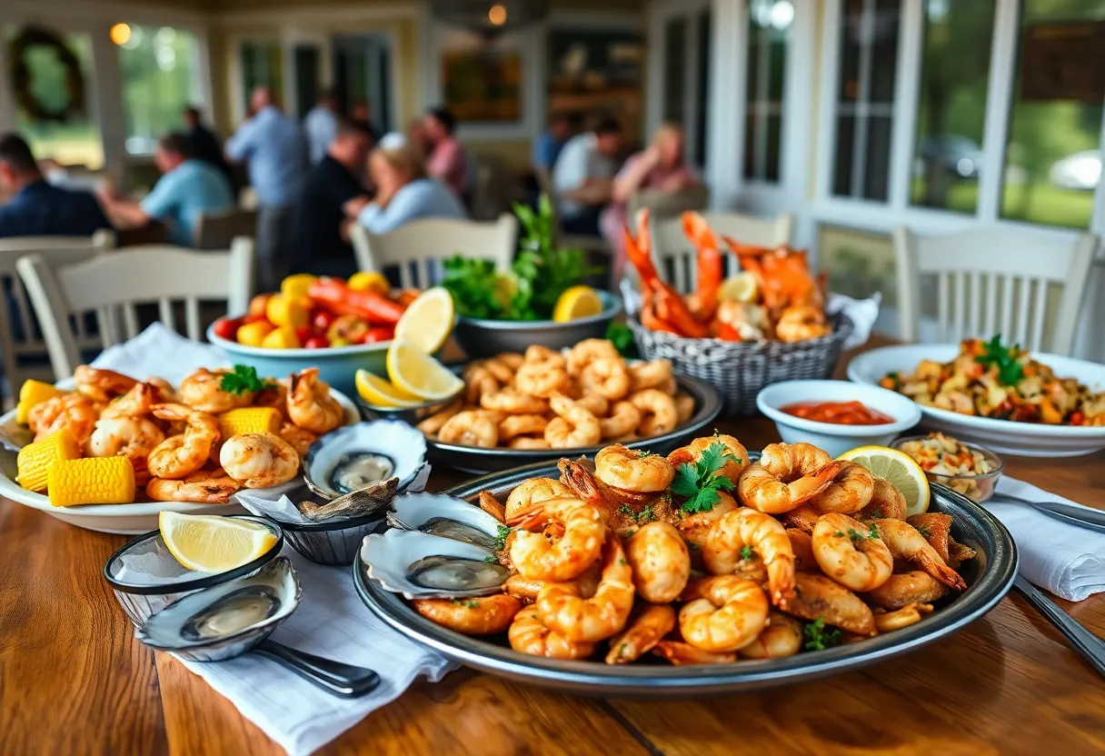 Assorted seafood dishes on a rustic table at an Aiken restaurant