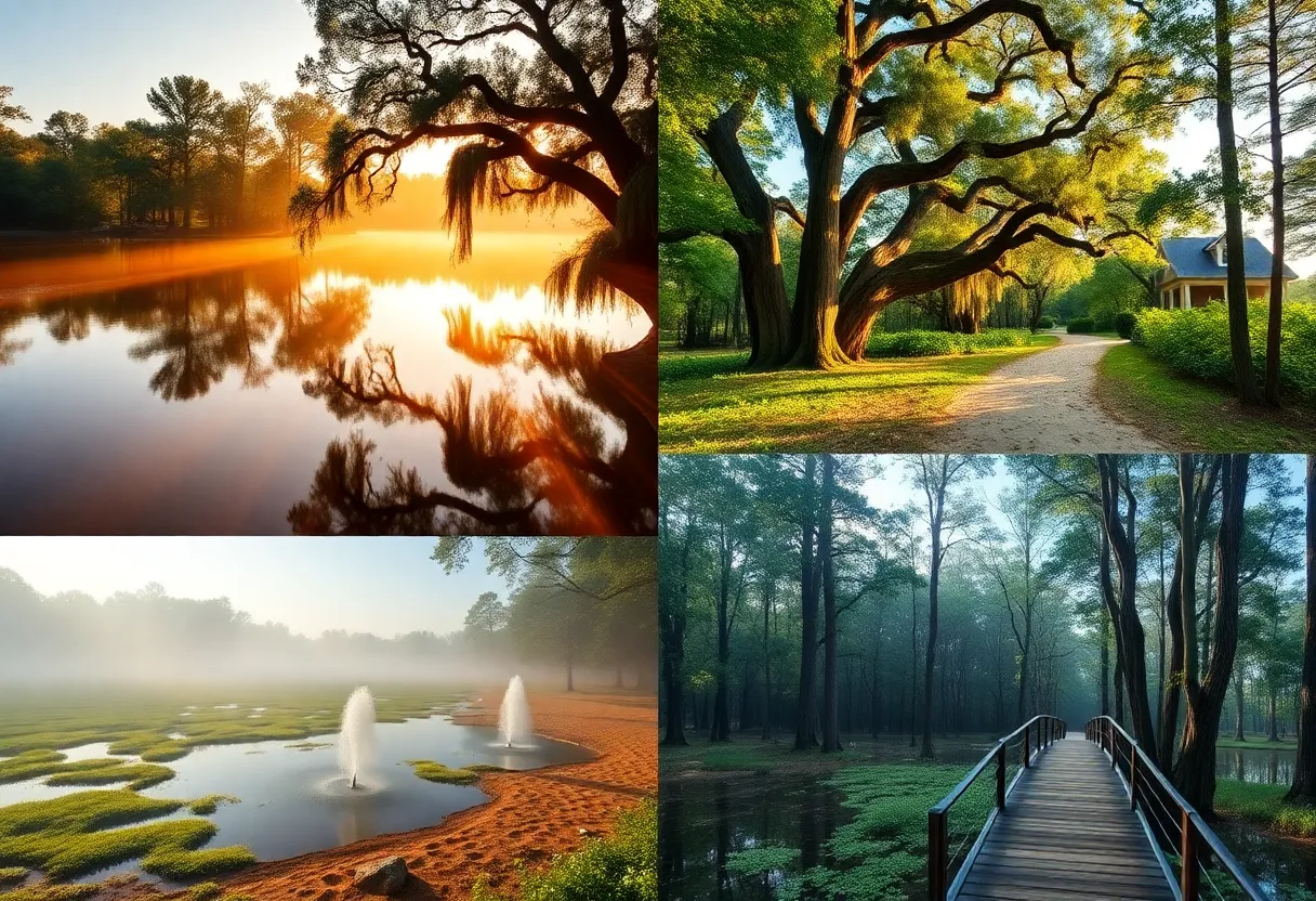 Collage of Boyd Pond, Hitchcock Woods sandy trail, and Hopelands Gardens path with live oaks and a small garden fountain.