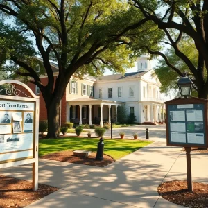 Historic Aiken street with homes and a short-term rental sign near City Hall