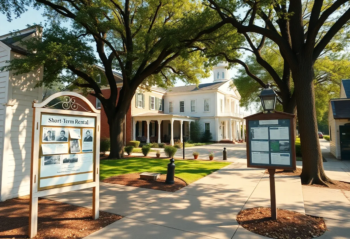 Historic Aiken street with homes and a short-term rental sign near City Hall