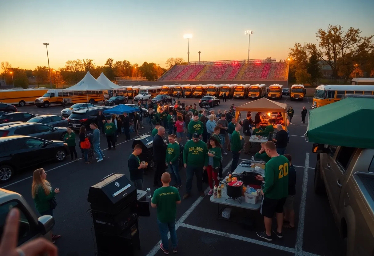 Tailgating fans in green and gold near a high school stadium with buses and stadium lights at dusk.
