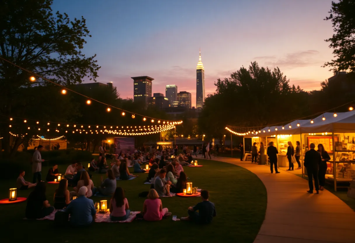 Crowds enjoying a twilight concert and art stroll in a garden at sunset with string lights and art booths