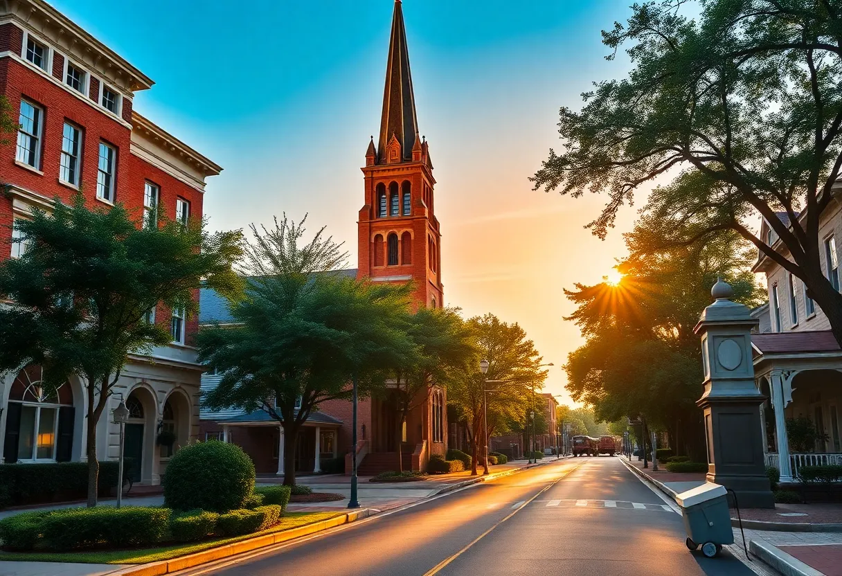 Historic downtown Aiken with Willcox-style hotel, Gothic church spire, and Victorian homes along tree-lined street