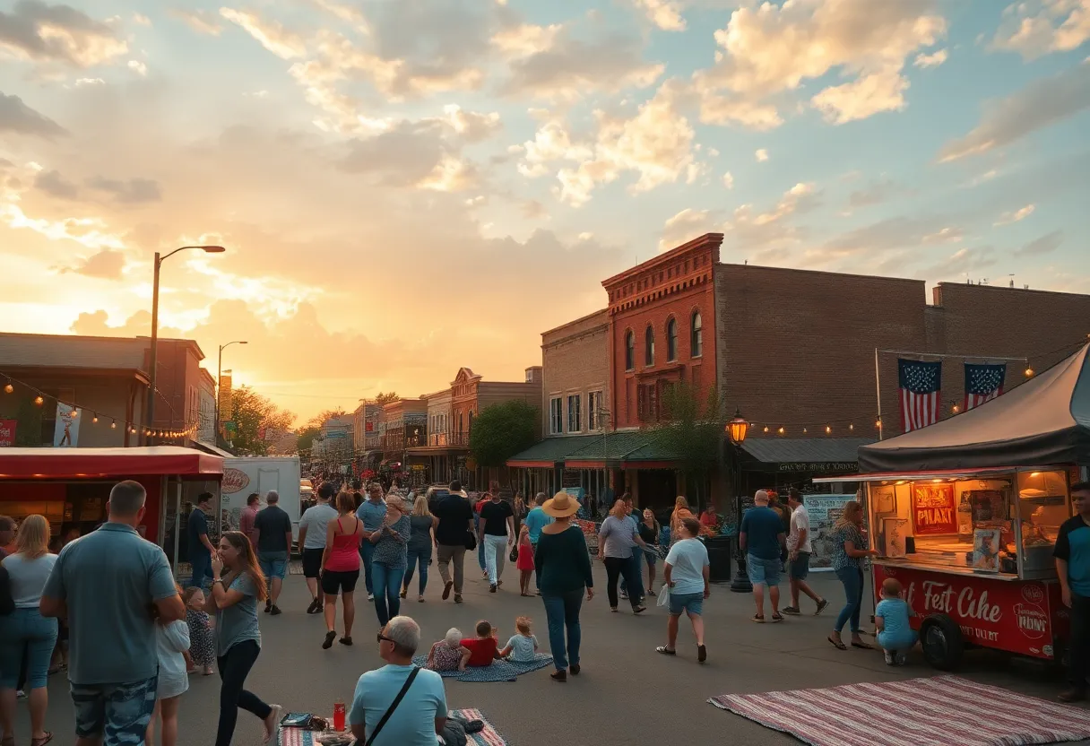 Crowd enjoying live music, food trucks, and art booths on a downtown Aiken street at golden hour