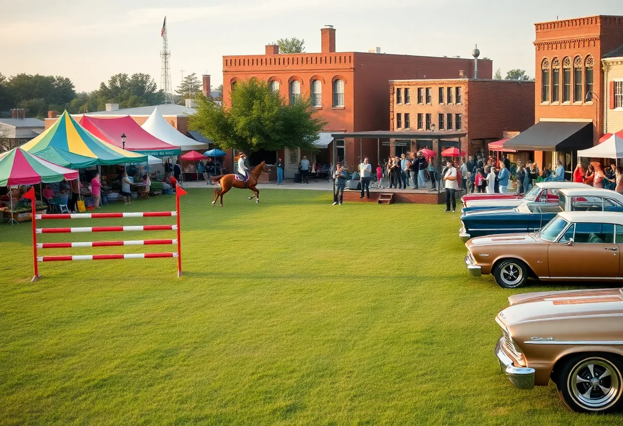 Montage of equestrian jump, farmers market stalls, live music stage and classic cars in Aiken
