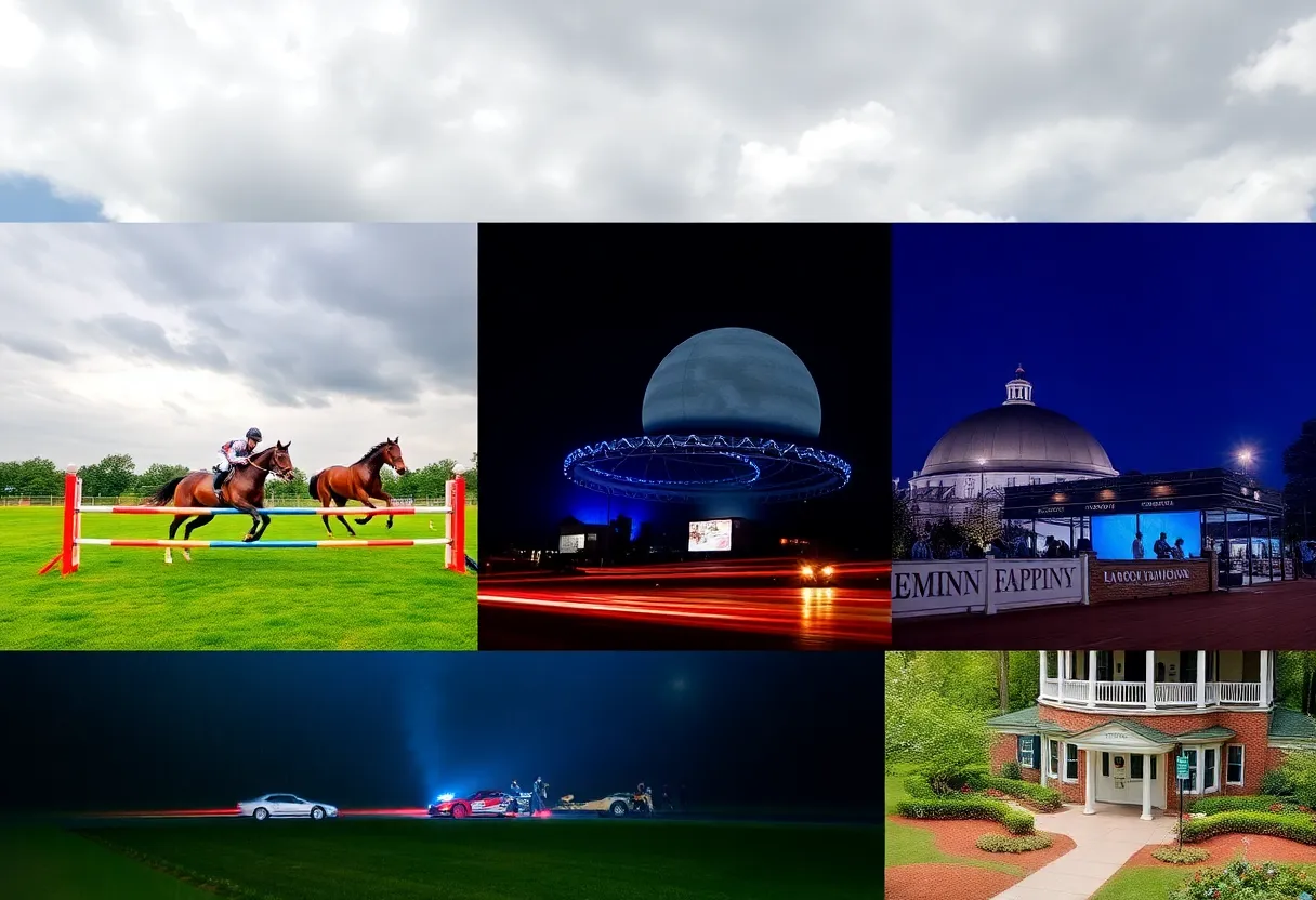 Montage of Aiken weekend events: show jumping, planetarium projection, dragway start, and Hopelands Gardens