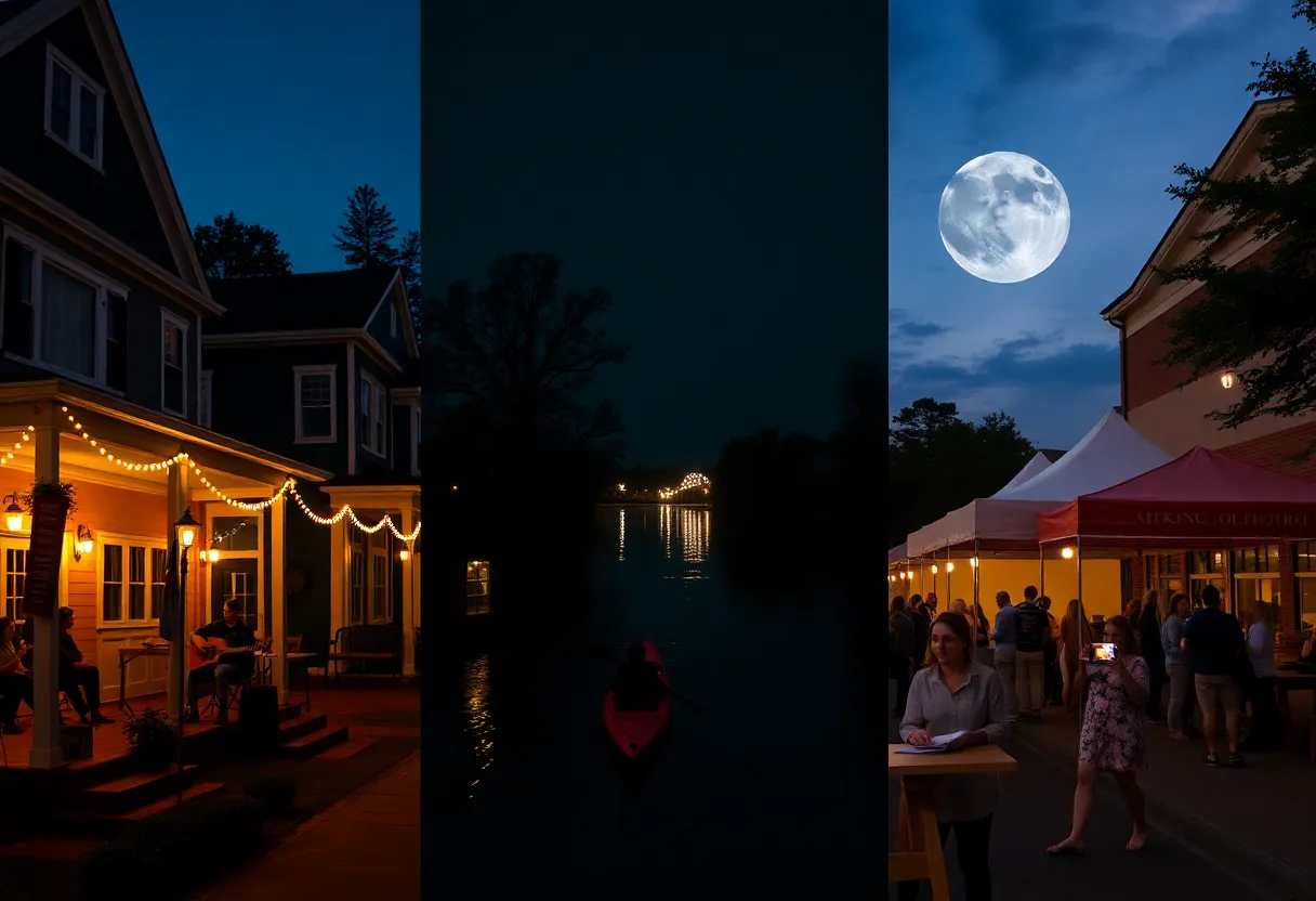 Porch concert with string lights, moonlit kayaks on a river, and a pop-up book fair outside an arts center