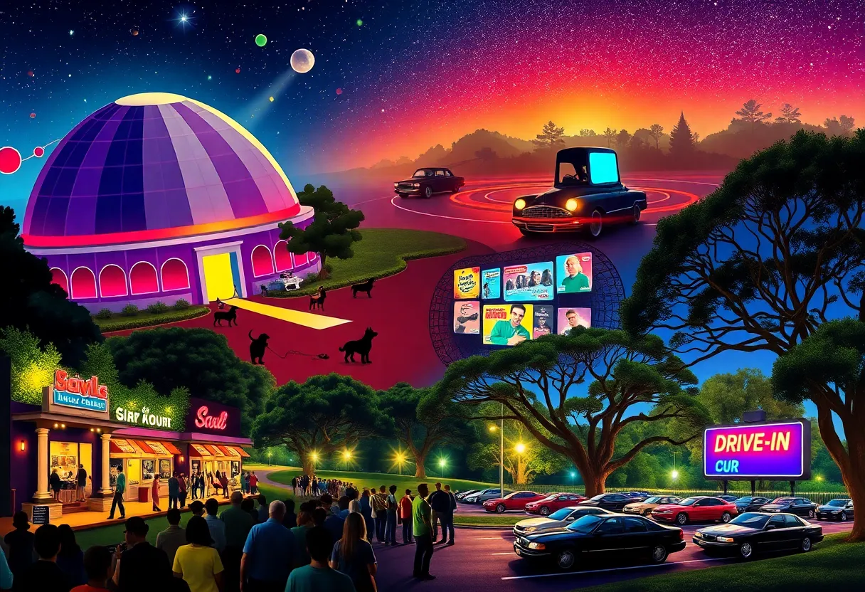 Collage of Aiken weekend events: planetarium projection, kids show with costumed characters, Pups 'N Suds dog wash, and drag racing at dusk