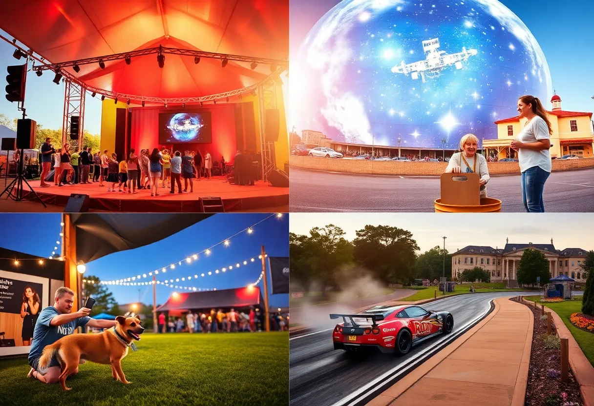 Collage of Aiken weekend events: family show, planetarium ISS projection, dog wash, dragway racing, and garden path