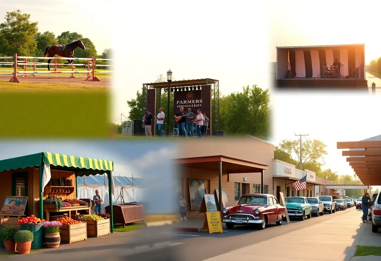 Montage of Aiken weekend events: equestrian jumps, live music stage, farmers market stalls, classic cars, and outdoor art exhibit