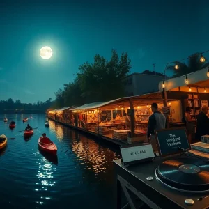 Collage of Aiken chalk festival, historic home tour, and moonlit kayak on calm water