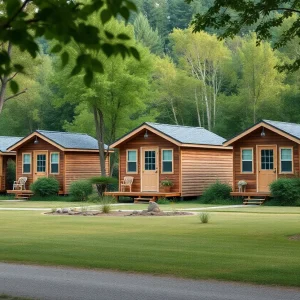 Illustration of a tiny home community with various tiny houses surrounded by trees and pathways.