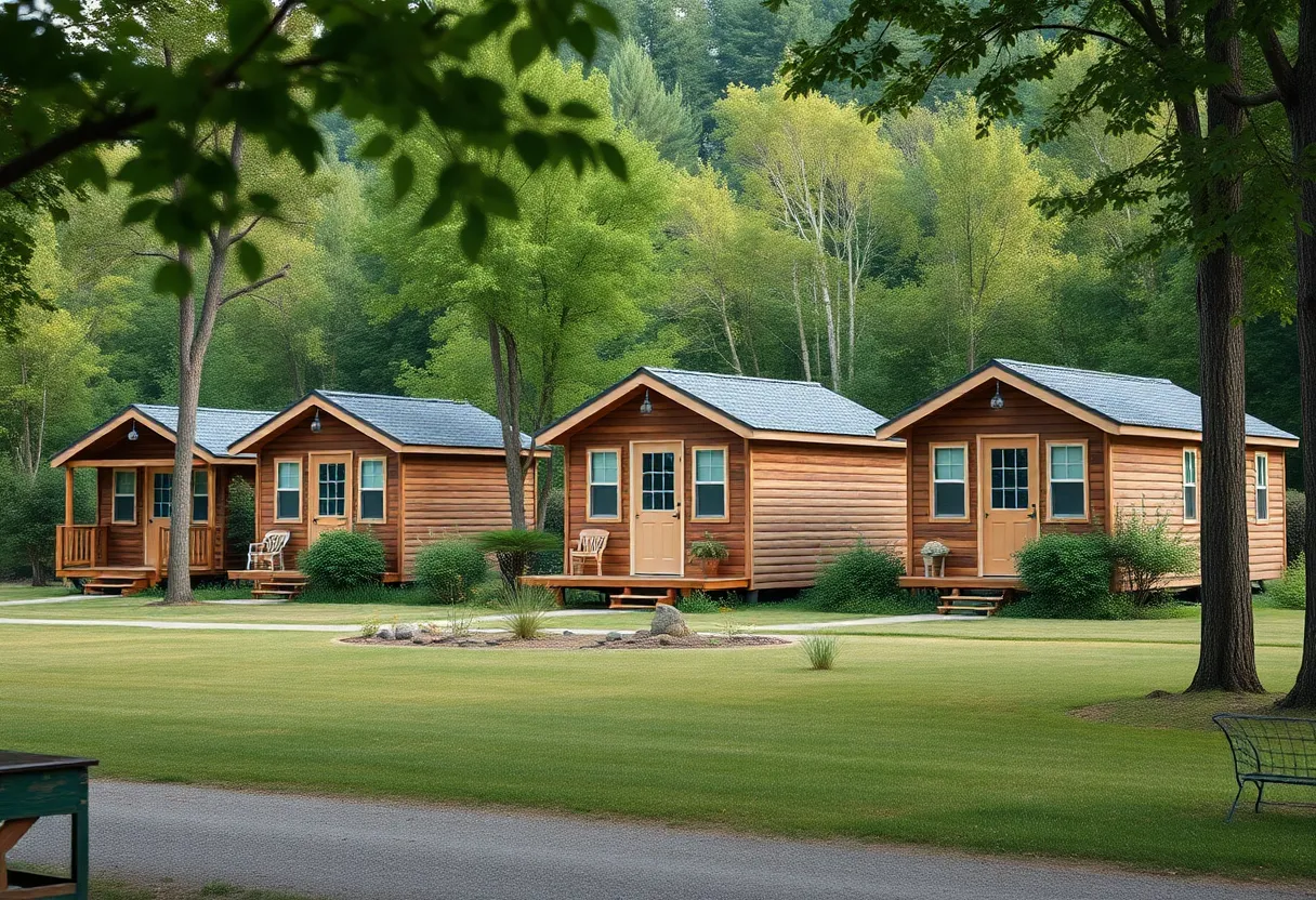 Illustration of a tiny home community with various tiny houses surrounded by trees and pathways.