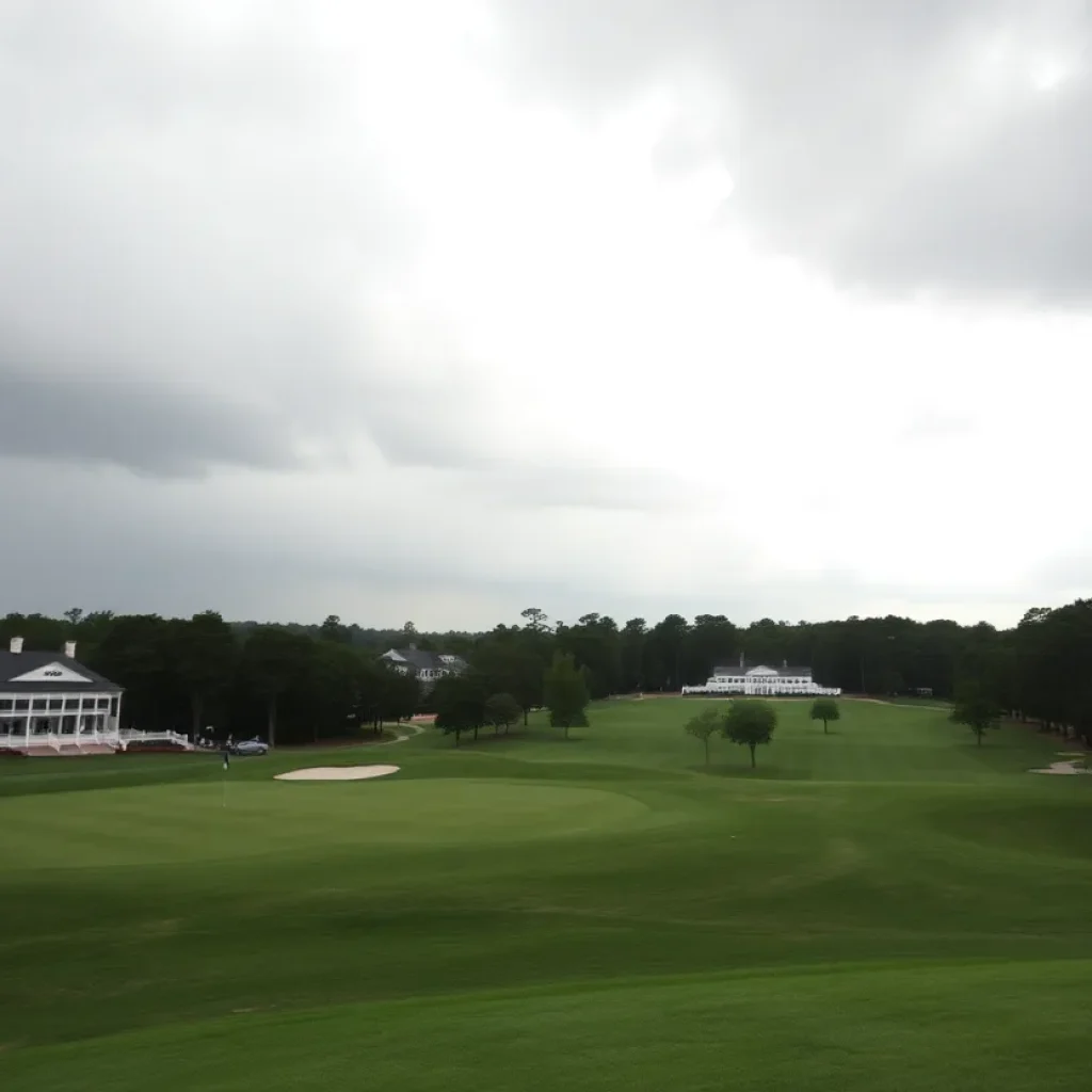 Augusta National Golf Club with dark clouds indicating impending rain