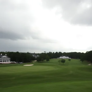 Augusta National Golf Club with dark clouds indicating impending rain