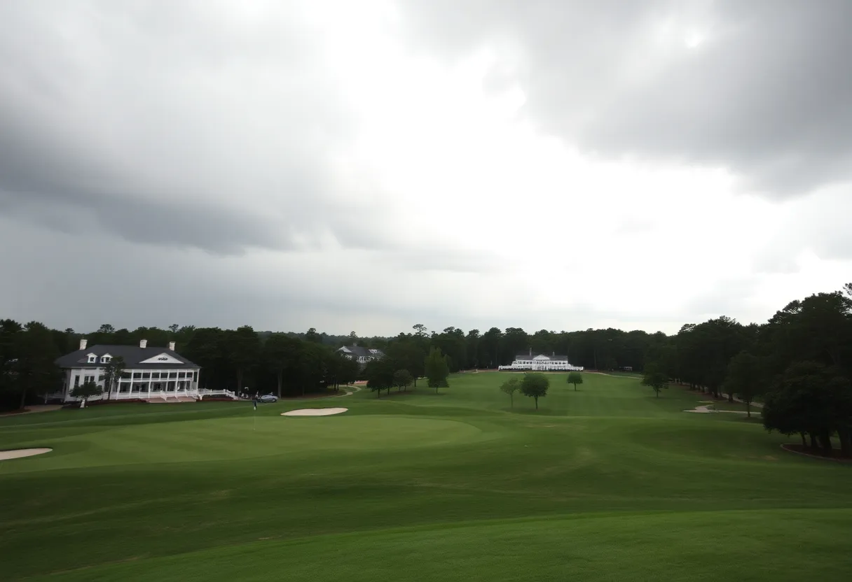 Augusta National Golf Club with dark clouds indicating impending rain