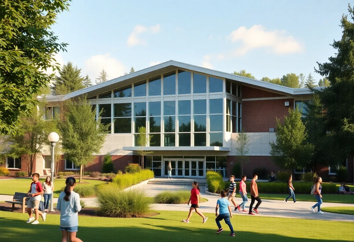 View of a private K-12 school building in Augusta with students outside