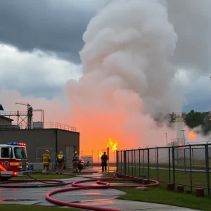 Emergency responders at the Horse Creek Wastewater Treatment Plant fire