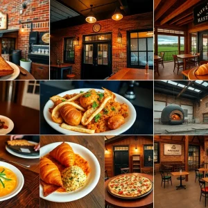 Collage of local Aiken restaurant interiors and exteriors showcasing diverse cuisines and cozy atmospheres.