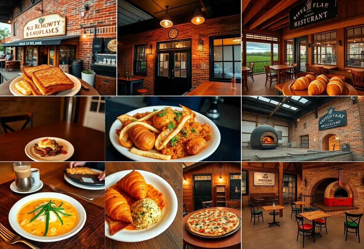 Collage of local Aiken restaurant interiors and exteriors showcasing diverse cuisines and cozy atmospheres.