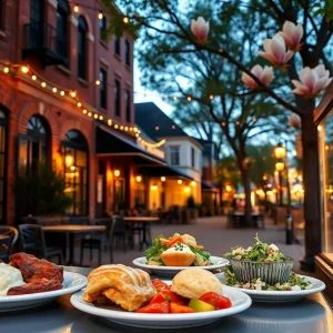 Downtown Aiken street with restaurant facades, outdoor seating and Southern dishes at sunset
