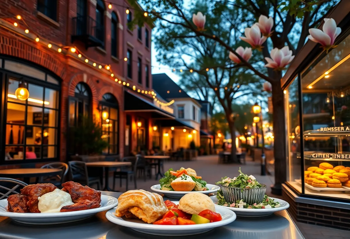 Downtown Aiken street with restaurant facades, outdoor seating and Southern dishes at sunset