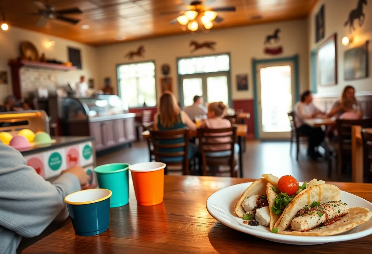 Cozy family-friendly restaurant interior in Aiken with kids' meals and colorful ice cream sundaes on a table