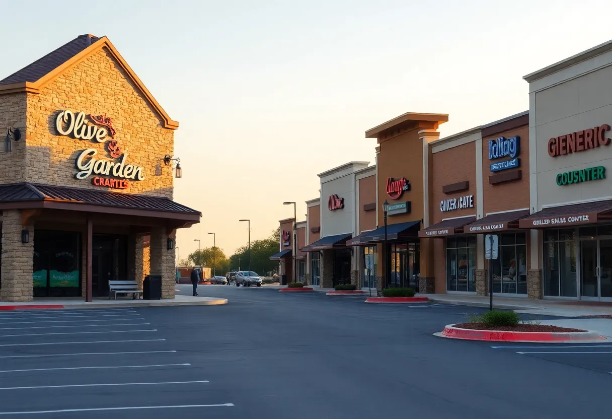 Street-level view of new and under-construction restaurant storefronts and parking near Whiskey Road in Aiken, SC
