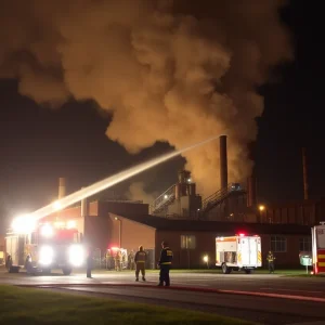 Firefighters responding to a fire at Bridgestone plant in Graniteville