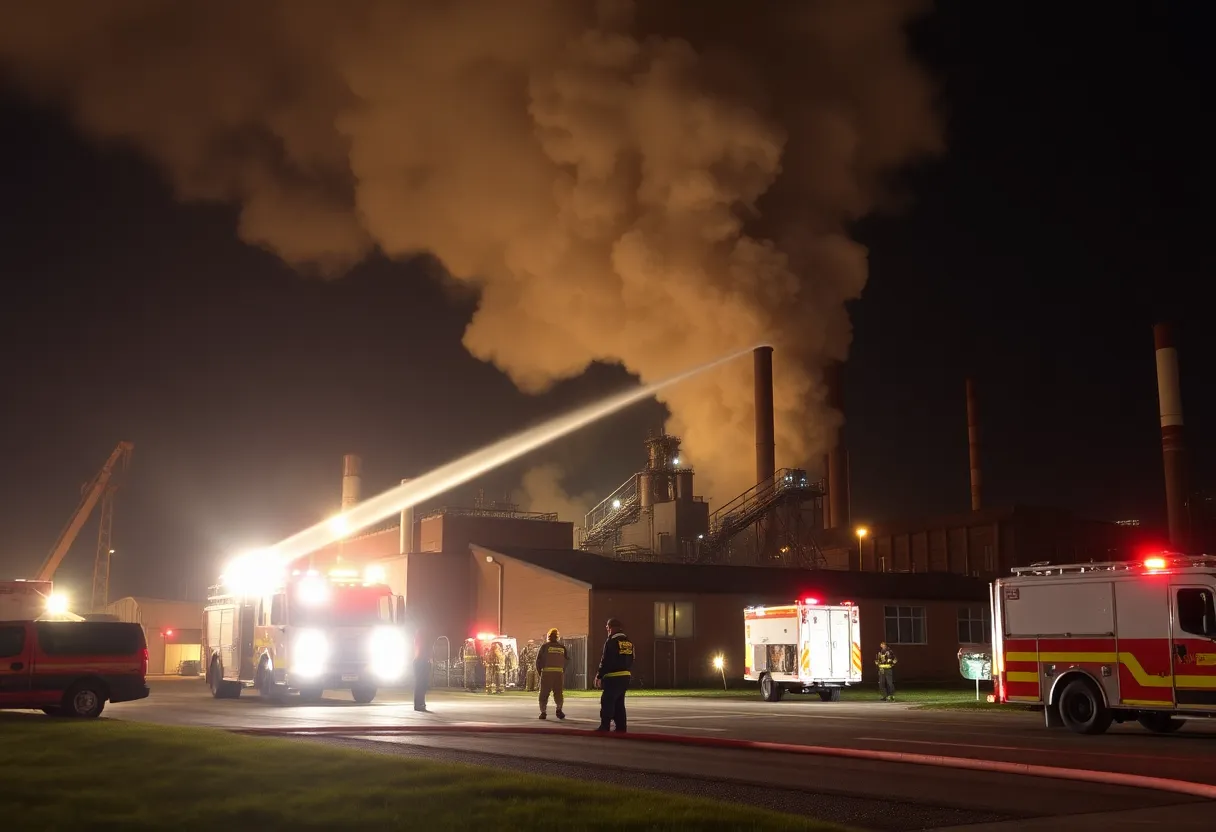 Firefighters responding to a fire at Bridgestone plant in Graniteville