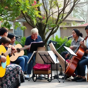A vibrant community arts event with musicians and children participating.