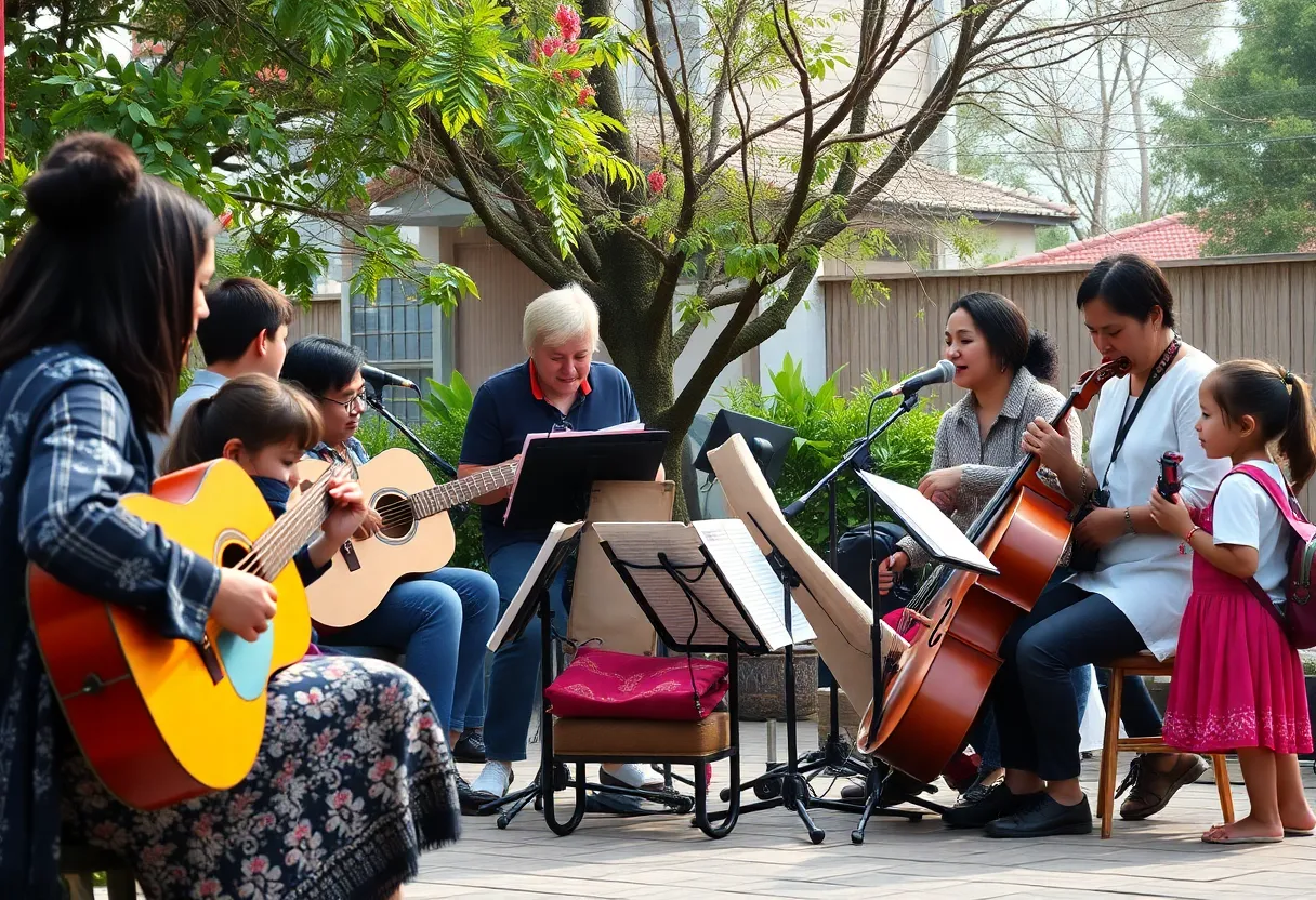 A vibrant community arts event with musicians and children participating.