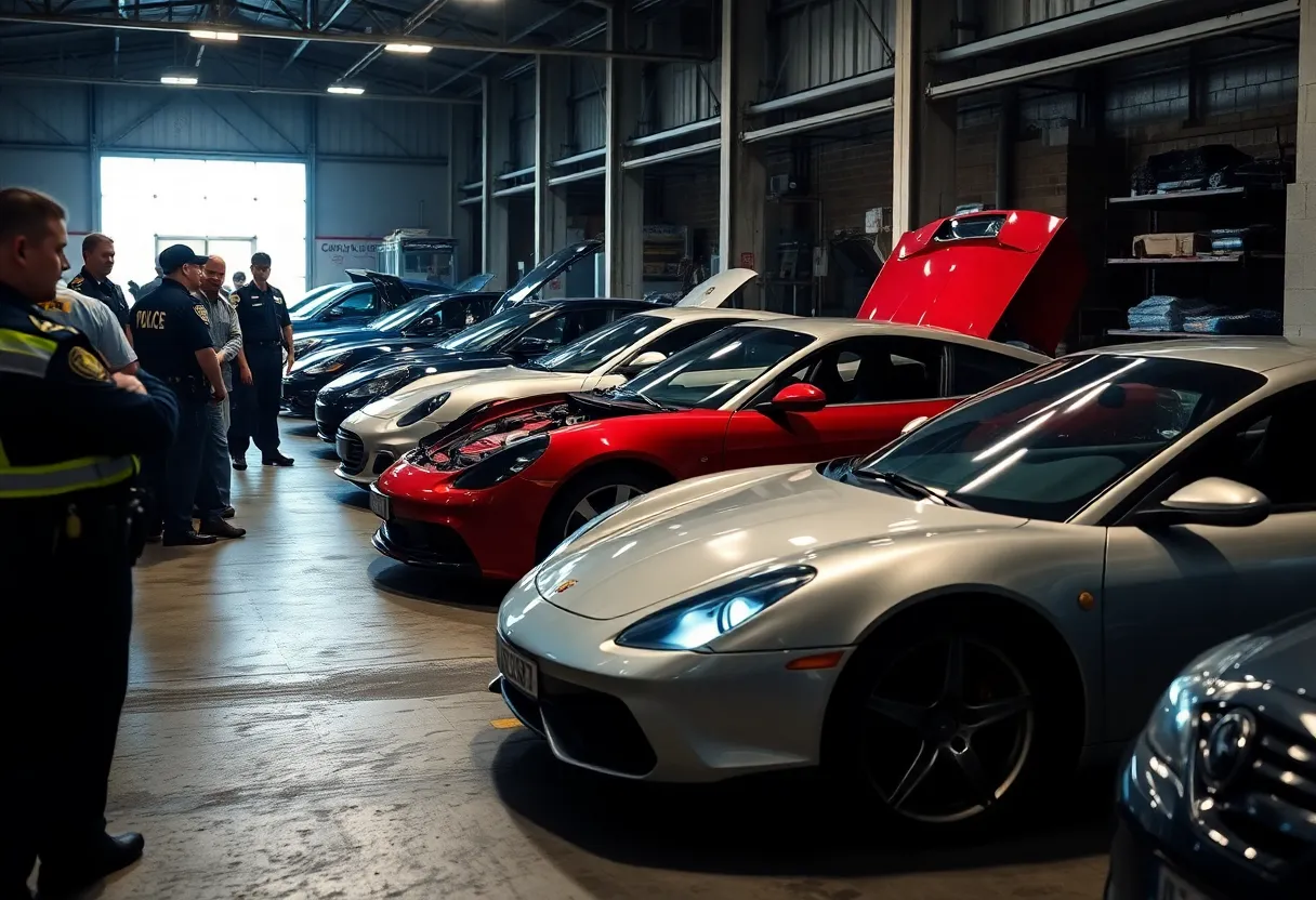 Law enforcement officials at a chop shop site in Aiken with recovered vehicles.