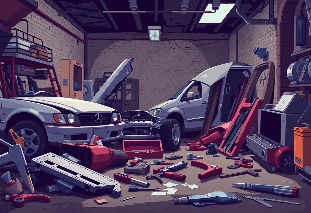 An illustration representing chop shop operations with tools and car parts in a garage.
