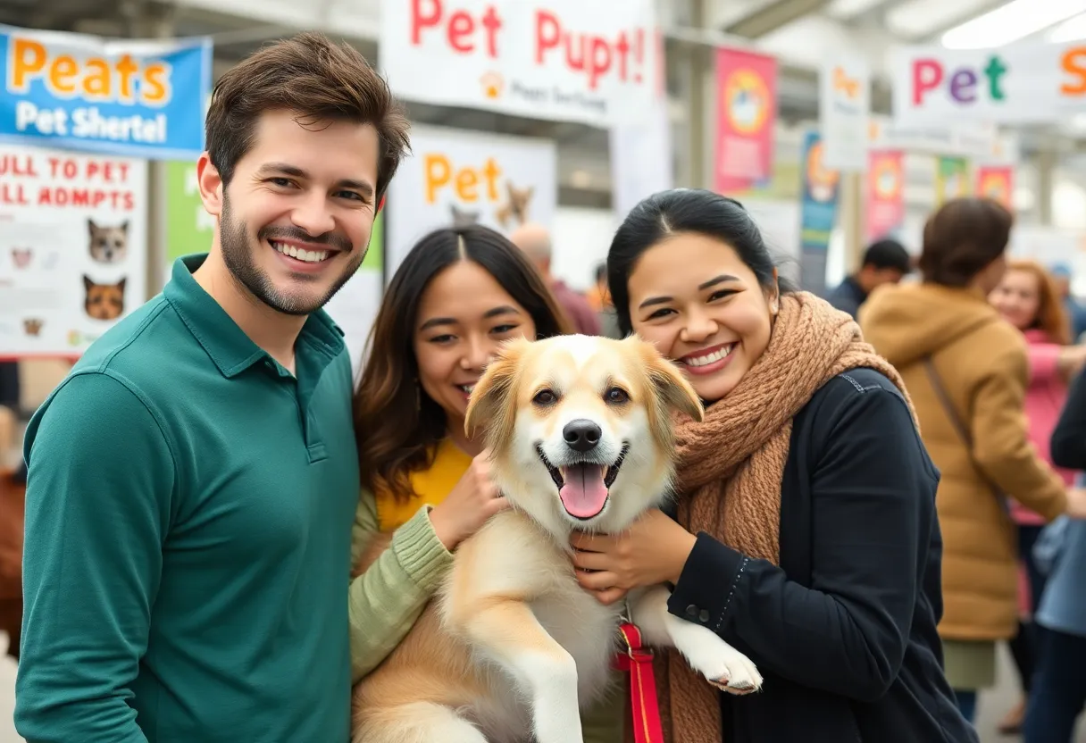 Families engaging in pet adoption at the Clear the Shelter community event.