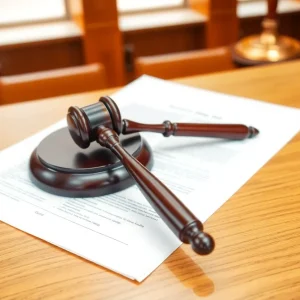 A gavel and legal documents in a courtroom