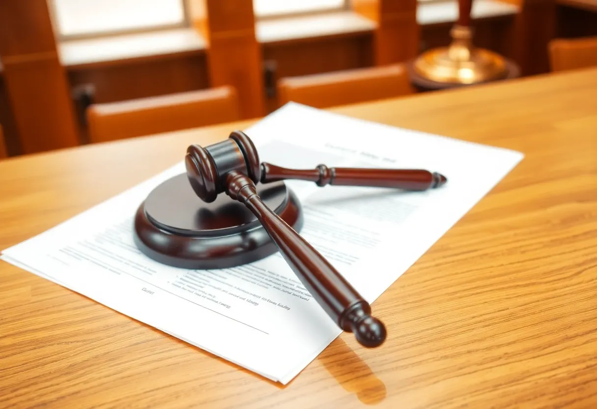 A gavel and legal documents in a courtroom