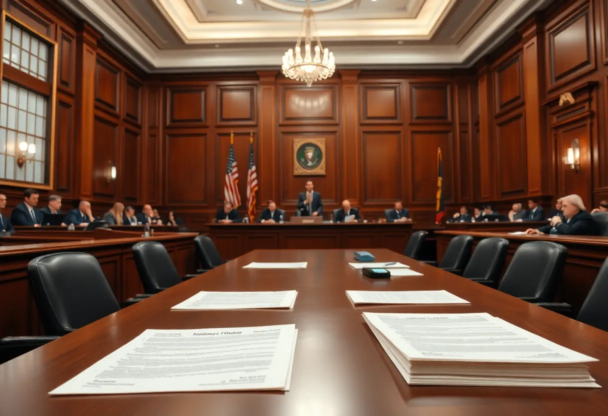 A courtroom trial scene illustrating the concept of justice.