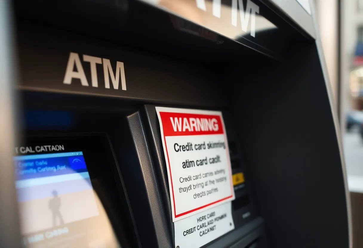 Warning sign about credit card skimmers on an ATM