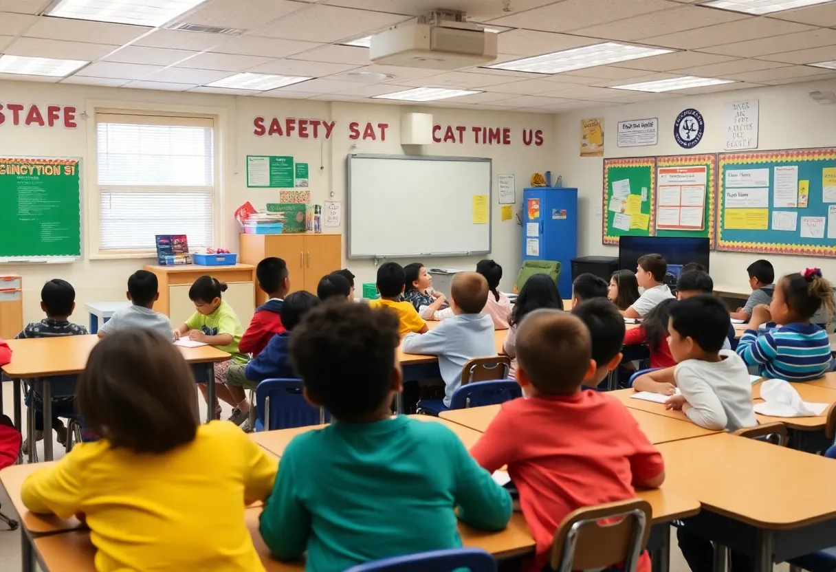 Students in a classroom with safety measures in place for the new academic year.