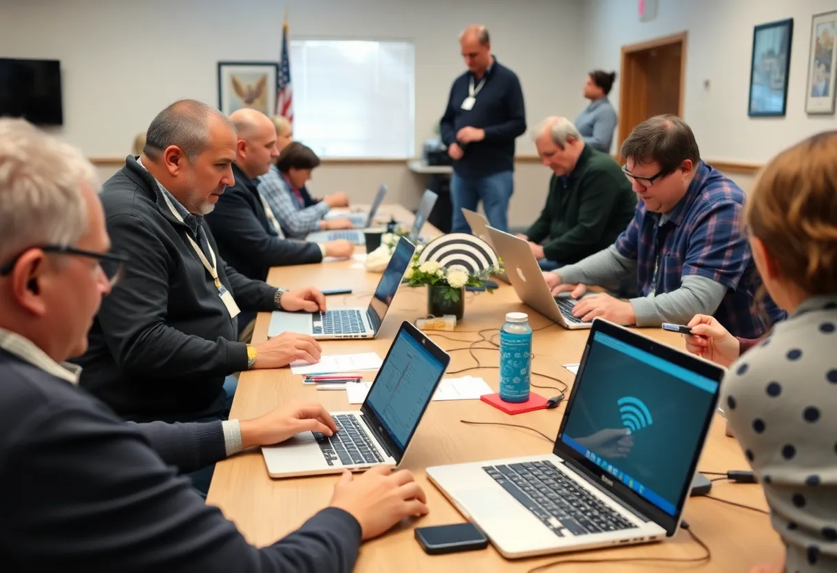Veterans participating in technology training with laptops at an American Legion event.