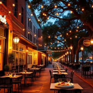Evening streetscape of downtown Aiken with outdoor dining tables, warm string lights, historic brick sidewalks and plated Southern dishes.