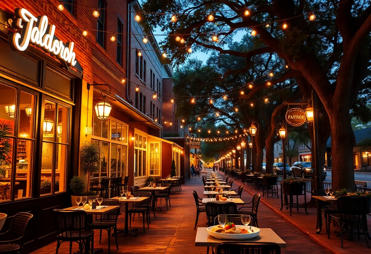 Evening streetscape of downtown Aiken with outdoor dining tables, warm string lights, historic brick sidewalks and plated Southern dishes.