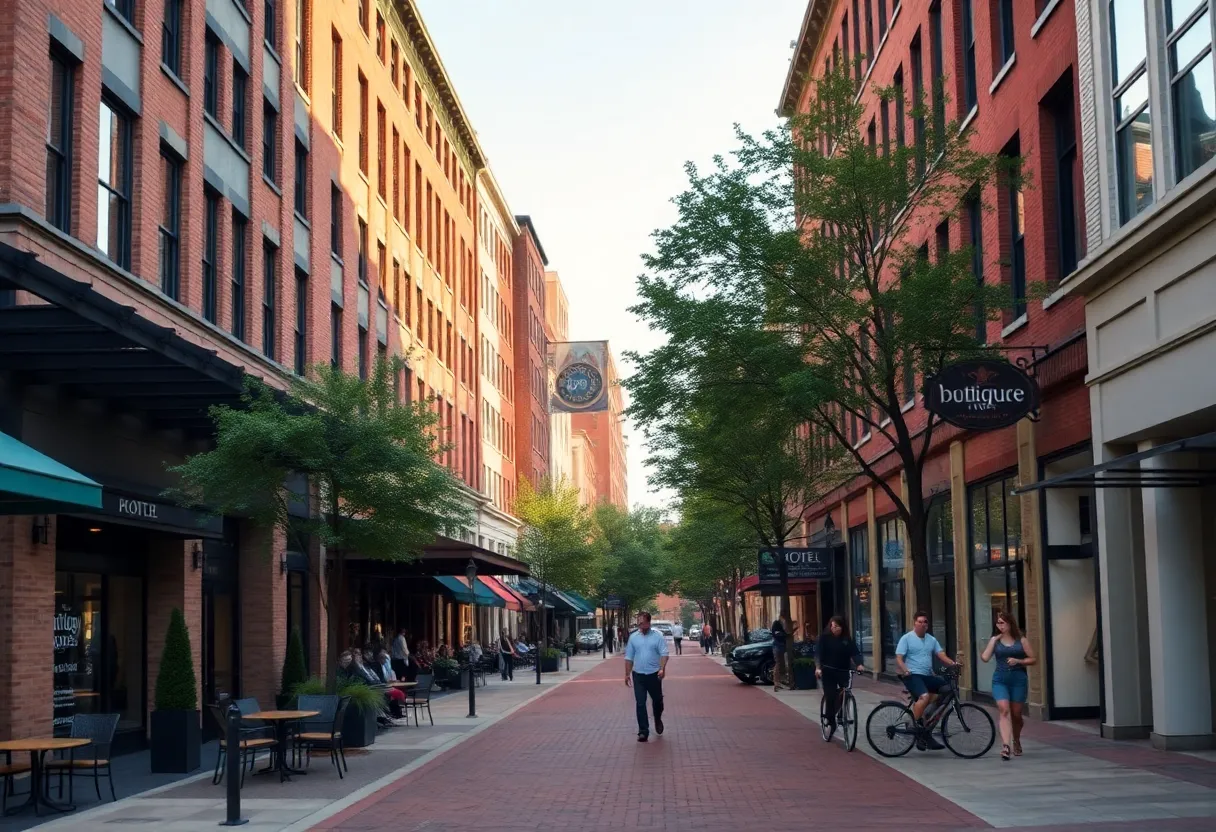 Downtown Aiken street with new mixed-use buildings, boutique hotel, shops and people enjoying outdoor seating