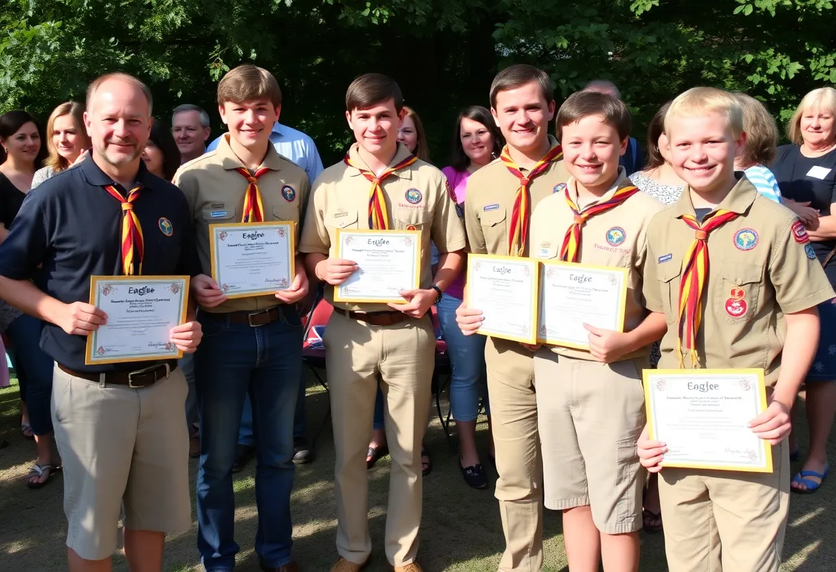 Ceremony celebrating Eagle Scouts from St. Mary's Troop 115 with family and friends